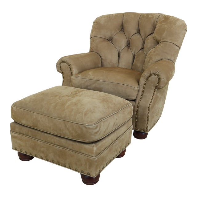 Hancock & Moore Sage Green Suede Leather Chair & Ottoman a Pair