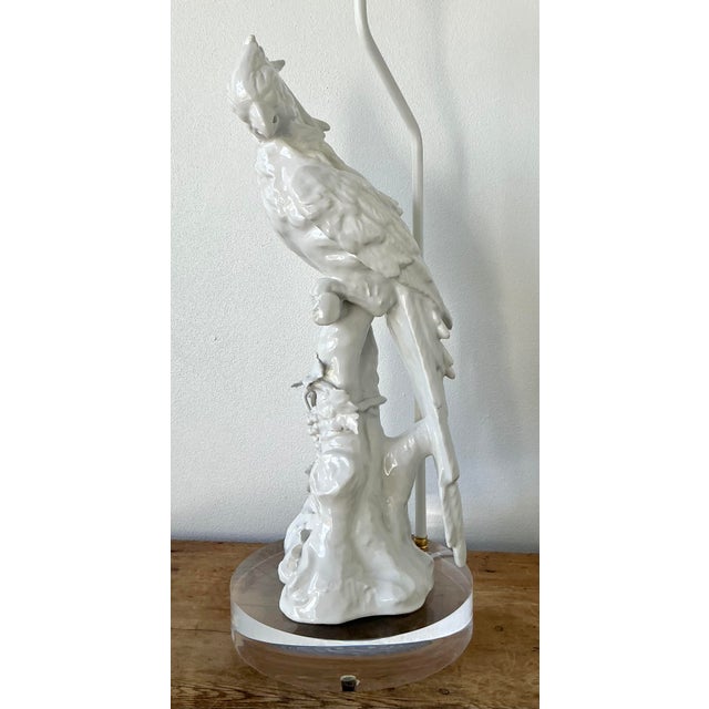 Metal Vintage Regency Glazed Ceramic Ceramic Cockatoo Lamp For Sale - Image 7 of 8