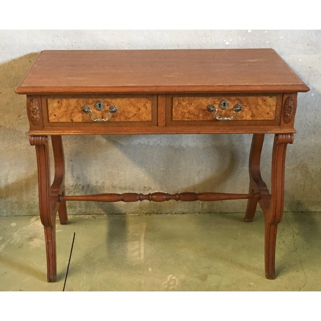 20th English Georgian Oak Two Drawers Lowboy or Desk With Lyre Legs For Sale - Image 4 of 10