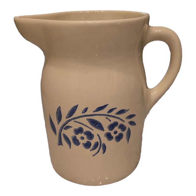 Vintage Farmhouse Rustic Beige and Blue Floral Pitcher For Sale