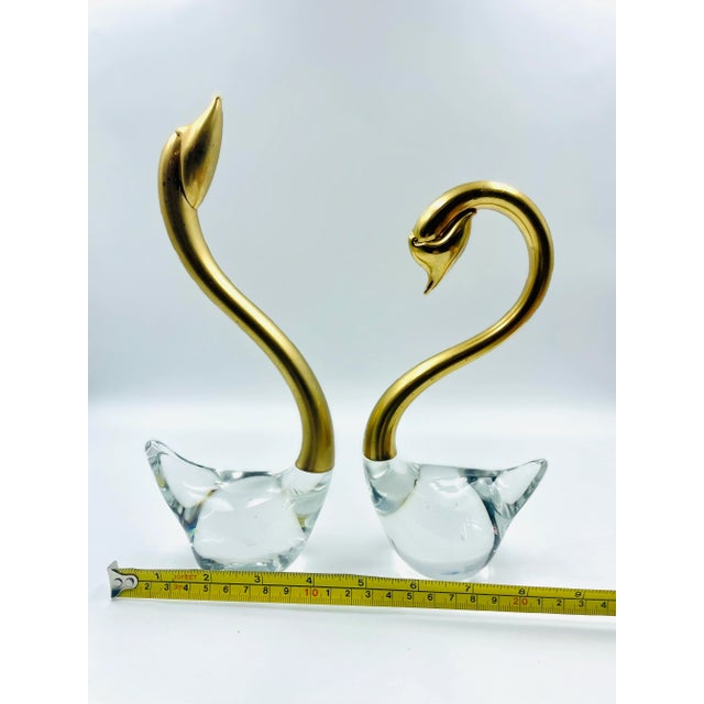 Mid 20th Century Set of 2 Hand Blown Clear Art Glass & Brass Swan Sculptures/Figurines For Sale - Image 10 of 12