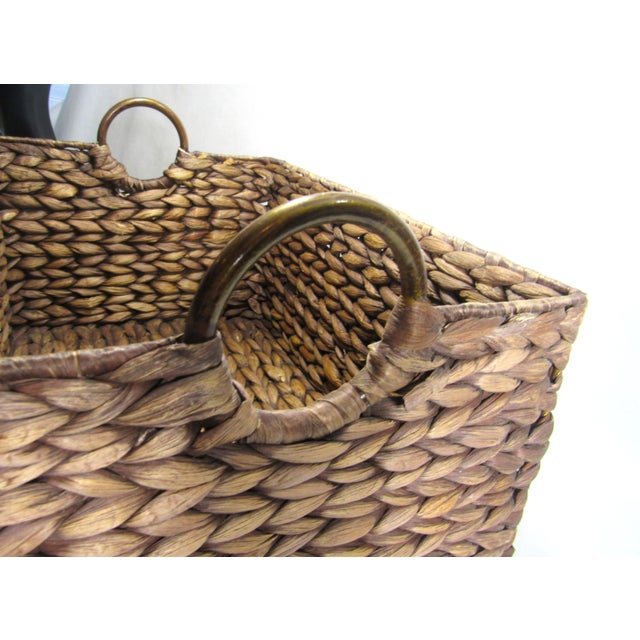 Vintage Water Hyacinth Woven Reed Basket + Brass Handles For Sale - Image 4 of 11