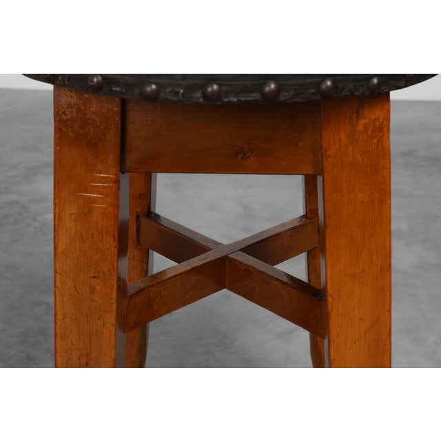 Early Art Deco Arts & Crafts Oak & Leather Stool, France, 1920s For Sale - Image 9 of 11