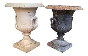 19th Century Cast Iron Campagna Form Garden Urns - A Pair