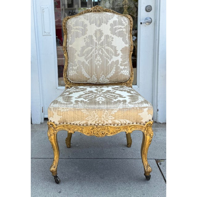 French Antique 18th C Giltwood Silk Damask Chair For Sale - Image 3 of 6