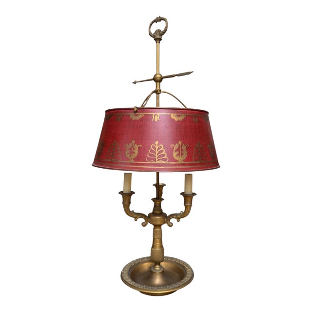 Regency Style French Bouillette Red Tools & Brass Table Lamp For Sale