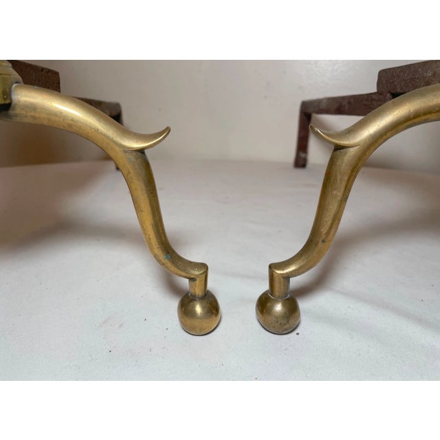Metal Pair of Antique 1700's Peened Brass Wrought Iron Federal Double Lemon Andirons For Sale - Image 7 of 14