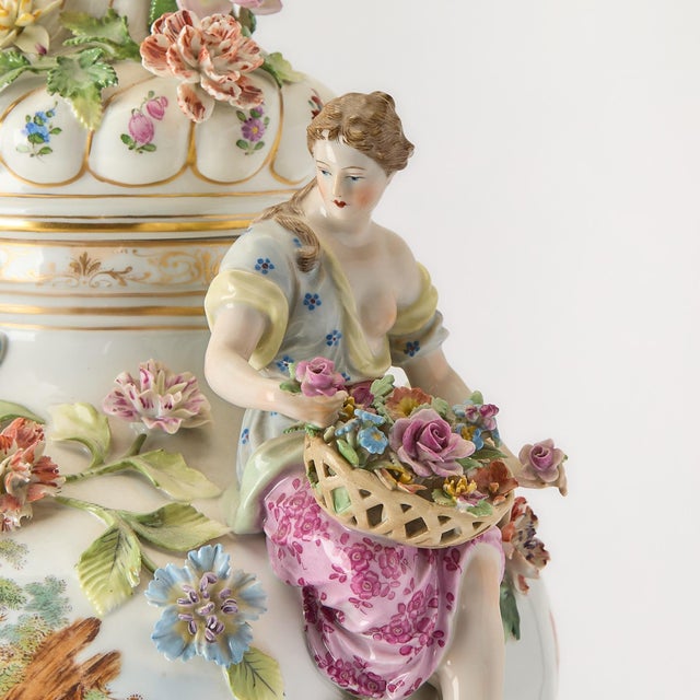 Large Pair Antique Dresden Porcelain Three-Part Lidded Vases / Figural Handles For Sale In New York - Image 6 of 9