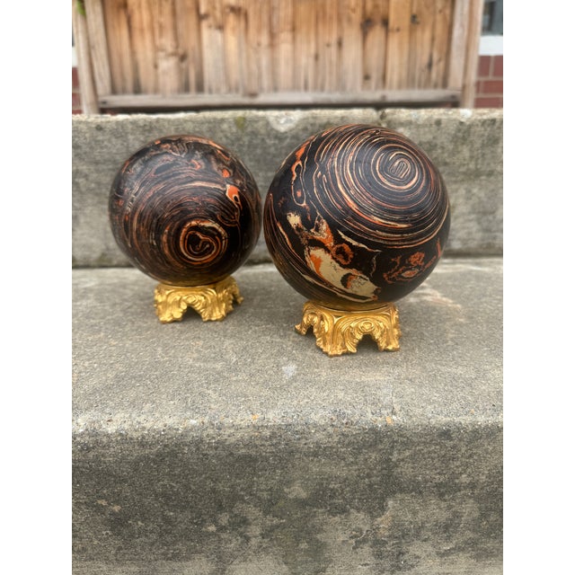 Boho Chic Vintage Marble Spheres on Stands - A Pair For Sale - Image 3 of 8