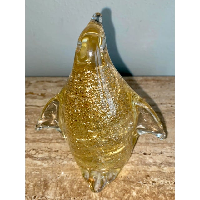 Adorable Italian glass penguin with gold flecks. Measures 6” tall, 5” wide. Unmarked, smooth pontil.