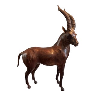 Vintage Antique Leather 21" Figural Ibex Statue Sculpture For Sale