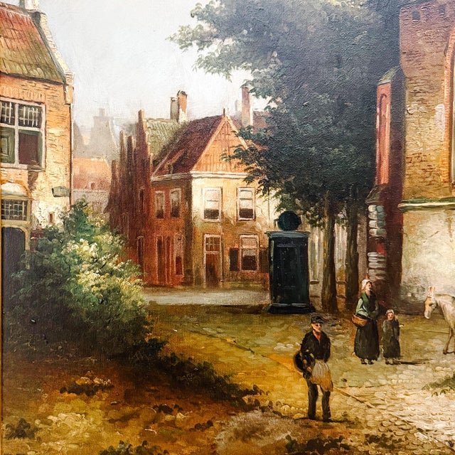 Realism Large Scale Mid-Century Dutch Street Scene Oil on Canvas Painting After Willem Koekkoek For Sale - Image 3 of 11