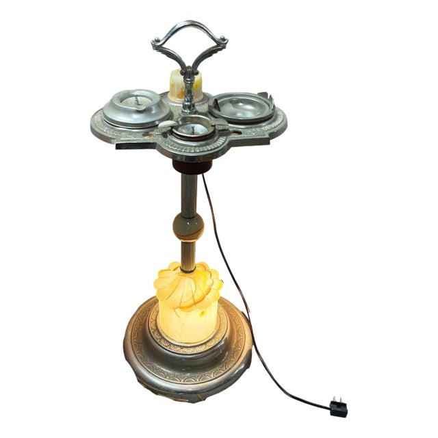 1930s Art Deco Light Up Chrome Ashtray Stand W/ Electric Lighter & Art Glass Base For Sale