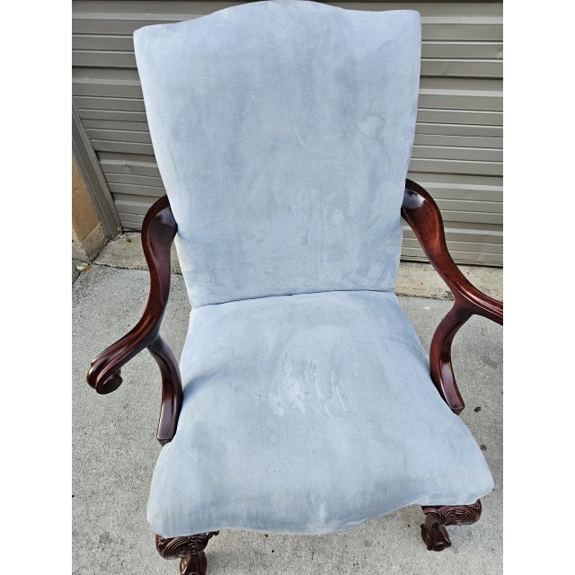 Pair of Vintage Mahogany and Suede Gainsborough Armchairs For Sale - Image 4 of 7