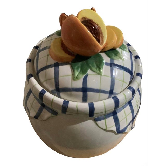 French Country Vintage Bella Casa by Ganz Trompe L’Oeil Blue and White Plaid Peach / Peaches 3d Fruit Cookie Jar Canister For Sale - Image 3 of 11