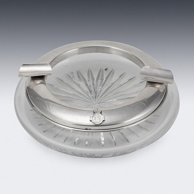 Silver Vintage 20th Century Silver Plated & Cut Glass Cigar Ashtray with Naval Badge, 1930s For Sale - Image 8 of 10