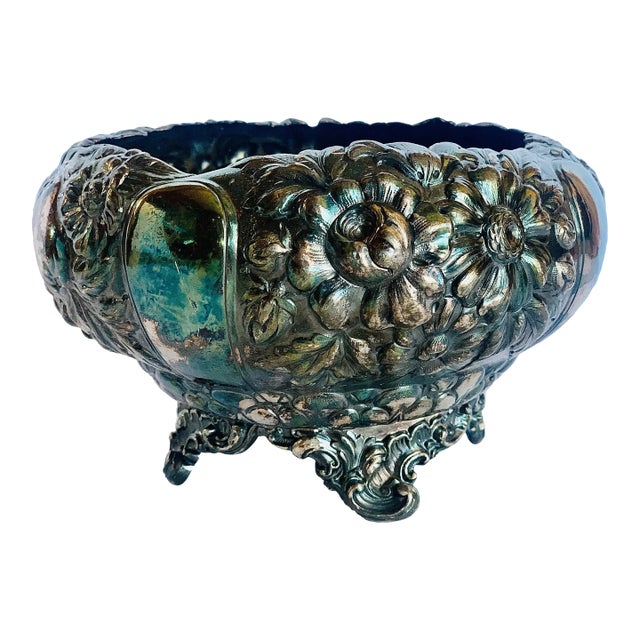Antique Simpson, Hall, Miller & Co. Repoussé Quadruple Silver Plate Oval Footed Bowl With Botanical Design, Circa 1880 For Sale