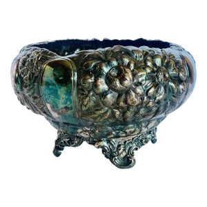 Antique Simpson, Hall, Miller & Co. Repoussé Quadruple Silver Plate Oval Footed Bowl With Botanical Design, Circa 1880