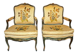 French Louis XV-style Fauteiuls Armchairs, Pair