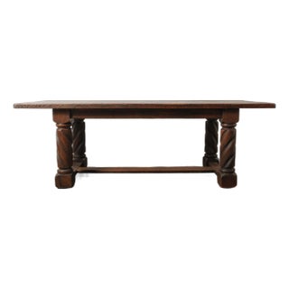 Antique Solid Oak Dining Table With Barley Twist Legs and Stretcher Base For Sale