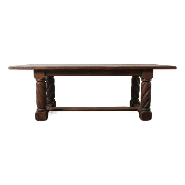 Antique Solid Oak Dining Table With Barley Twist Legs and Stretcher Base For Sale