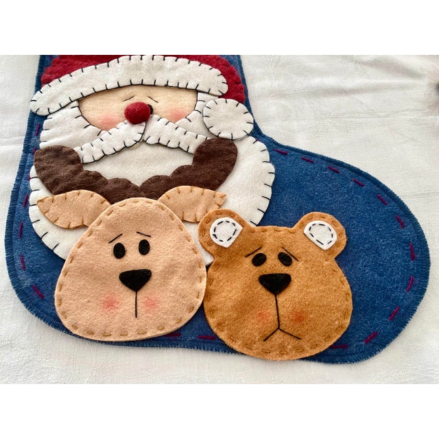 Vintage Crazy Mountain Imports "Porch & Parlour" Felt Christmas Stocking - Primitive Folk Art Santa, Reindeer & Bear Excellent Condition For Sale - Image 12 of 13