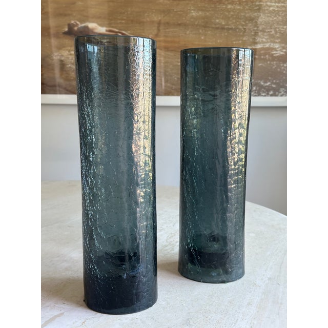 1960s Tall Crackle Glass Hurricane Candle Holders Slate Blue - Pair For Sale - Image 5 of 8