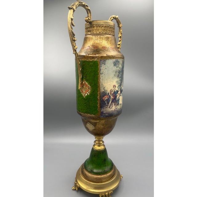 Neoclassical Vintage Neoclassical Green and Gold Figural Pedestal Urn With Ornate Handles For Sale - Image 3 of 6