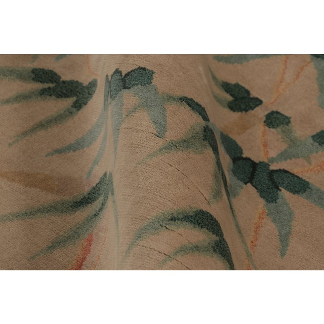 Beige Rug & Kilim’s Chinese Art Deco Inspired Rug, Beige With Teal Bamboo Tree Florals For Sale - Image 8 of 9