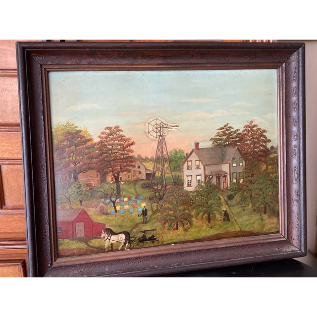 Made by the American School, 19th Century gorgeous Americana Heritage art. Farm Scene with Halladay Standard Windmill oil...