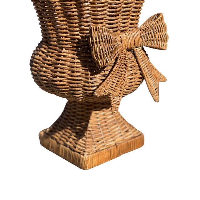 Pair Woven Rattan/Wicker Urns With Bows For Sale - Image 11 of 14