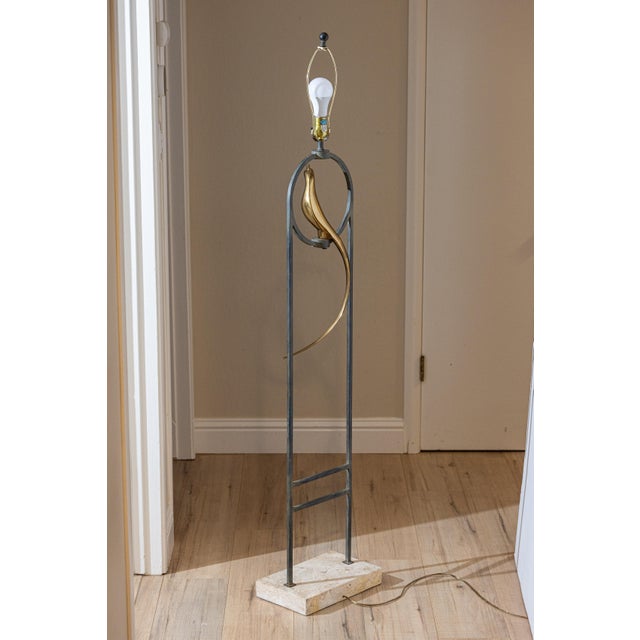 1980s Vintage Sculptural Postmodern Brass Bird Floor Lamp in Steel & Travertine For Sale - Image 5 of 14