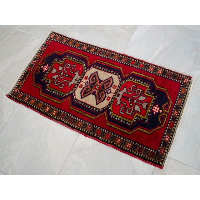 Ruby Red Hand-Knotted Small Turkish Rug Colorful Entry Decor Doormat 21"x37" For Sale - Image 8 of 11