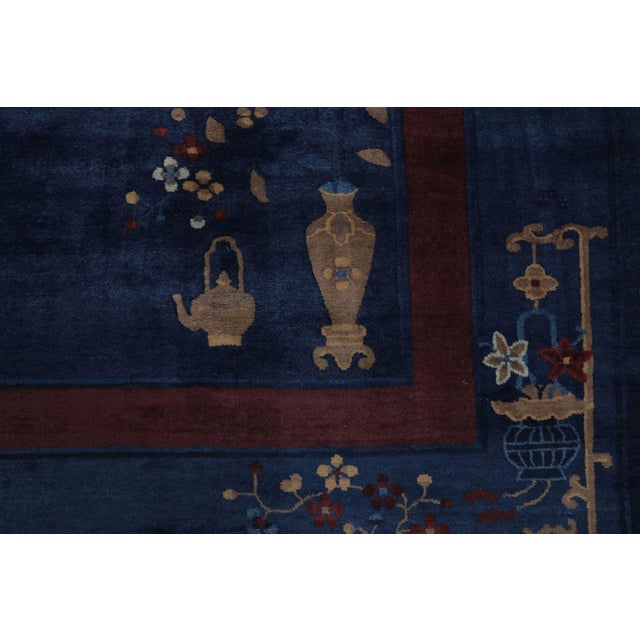 Art Deco Antique Chinese Art Deco Rug in Blue and Red With Floral Patterns - Rug & Kilim For Sale - Image 3 of 7
