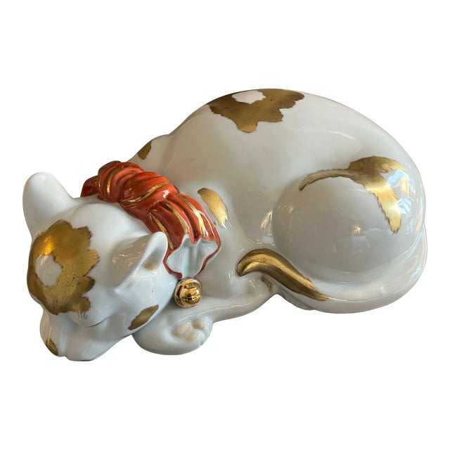 Large 13.5" Japanese Kutani Porcelain Figure of a Sleeping Cat For Sale