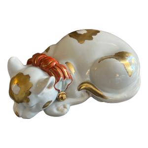 Large 13.5" Japanese Kutani Porcelain Figure of a Sleeping Cat