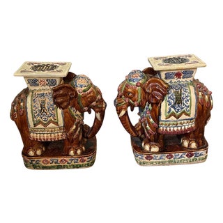 Vintage Brown Elephant Form Garden Stools with Green and Blue Decoration - A Pair For Sale