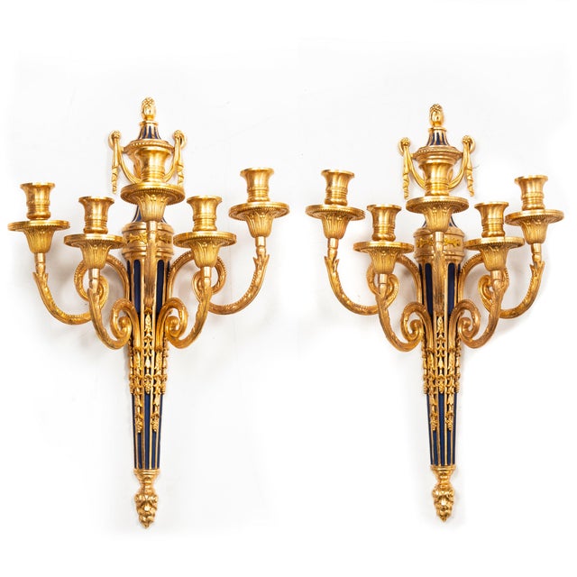 French Early 20th Century French Bronze Blue Painted Five-Light Antique Wall Sconces - a Pair For Sale - Image 3 of 13