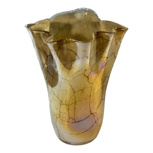 Art Glass Iridescent Tan Net Like Pattern Vase