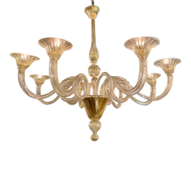 Gold Murano Glass Chandelier With 8 Curved Arms For Sale