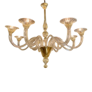 Gold Murano Glass Chandelier With 8 Curved Arms