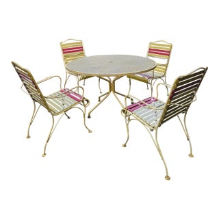 Vintage Russell Woodard Vinyl Strap Wrought Iron Patio Table and 4 Chairs For Sale