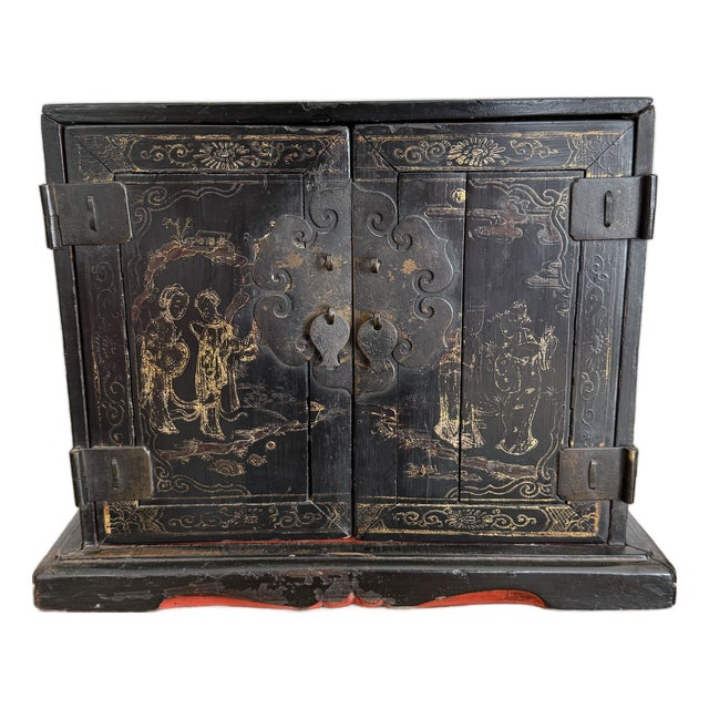Antique Chinese Black Lacquer Jewelry Cabinet Gold Gilt Figural Chest For Sale