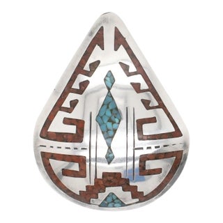 Signed HMIJ Ortega Shop Navajo Silver, Turquoise, & Coral Necklace Pendant For Sale