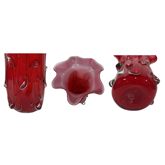 Vintage Fazzoletto Murano Textured Red Art Glass Vase For Sale - Image 14 of 14