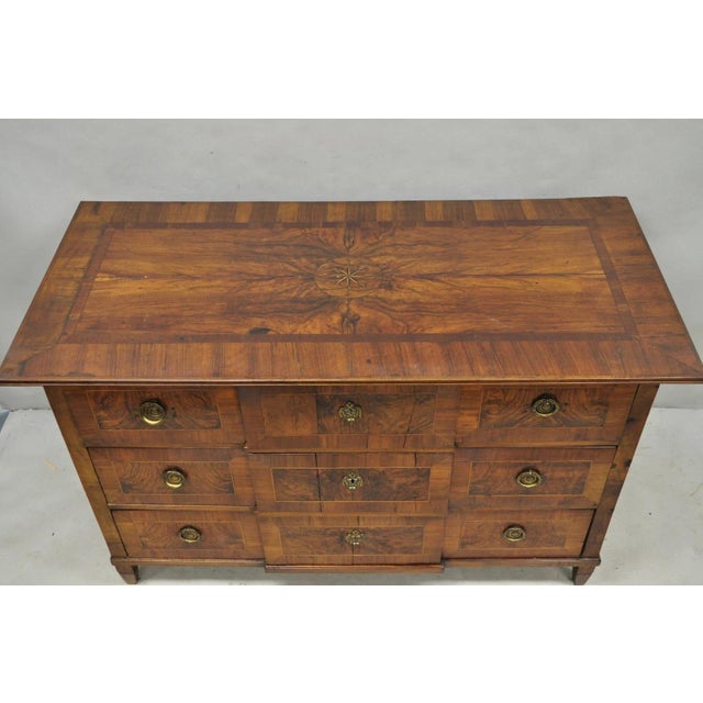 Antique Italian Biedermeier Neoclassical Burr Walnut 3 Drawer Commode Dresser Chest of Drawers. Item features a sunburst...