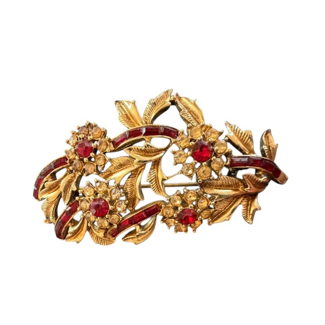 Gorgeous brooch with red and canary rhinestones. Classic and timeless.Perfect pin for a jackets lapel.