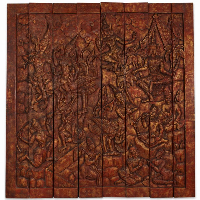 Monumental Vintage Thai Hand-Carved Wood Kinnari Wall Panel, Red and Gold For Sale - Image 4 of 15