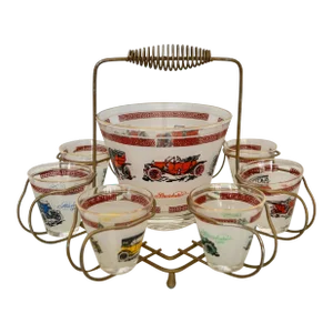 1950's Mid-Century Modern Brass Antique Car Barware Caddy Set- 9 Pieces