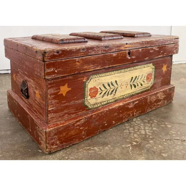 Red Antique Hand-Painted Wood Trunk Tool Chest For Sale - Image 8 of 12